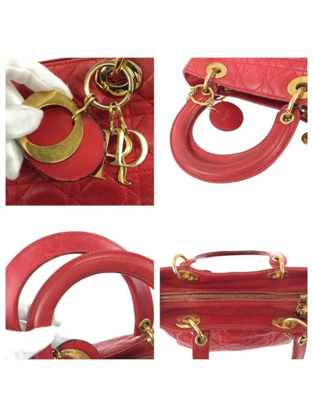Dior Vintage Lady Cannage Red Gold Leather Handbag